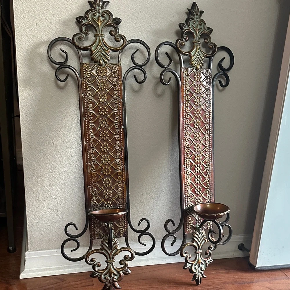 Ornate Metal Brown and Gold Patina Wall Sconces - Picture 1 of 5